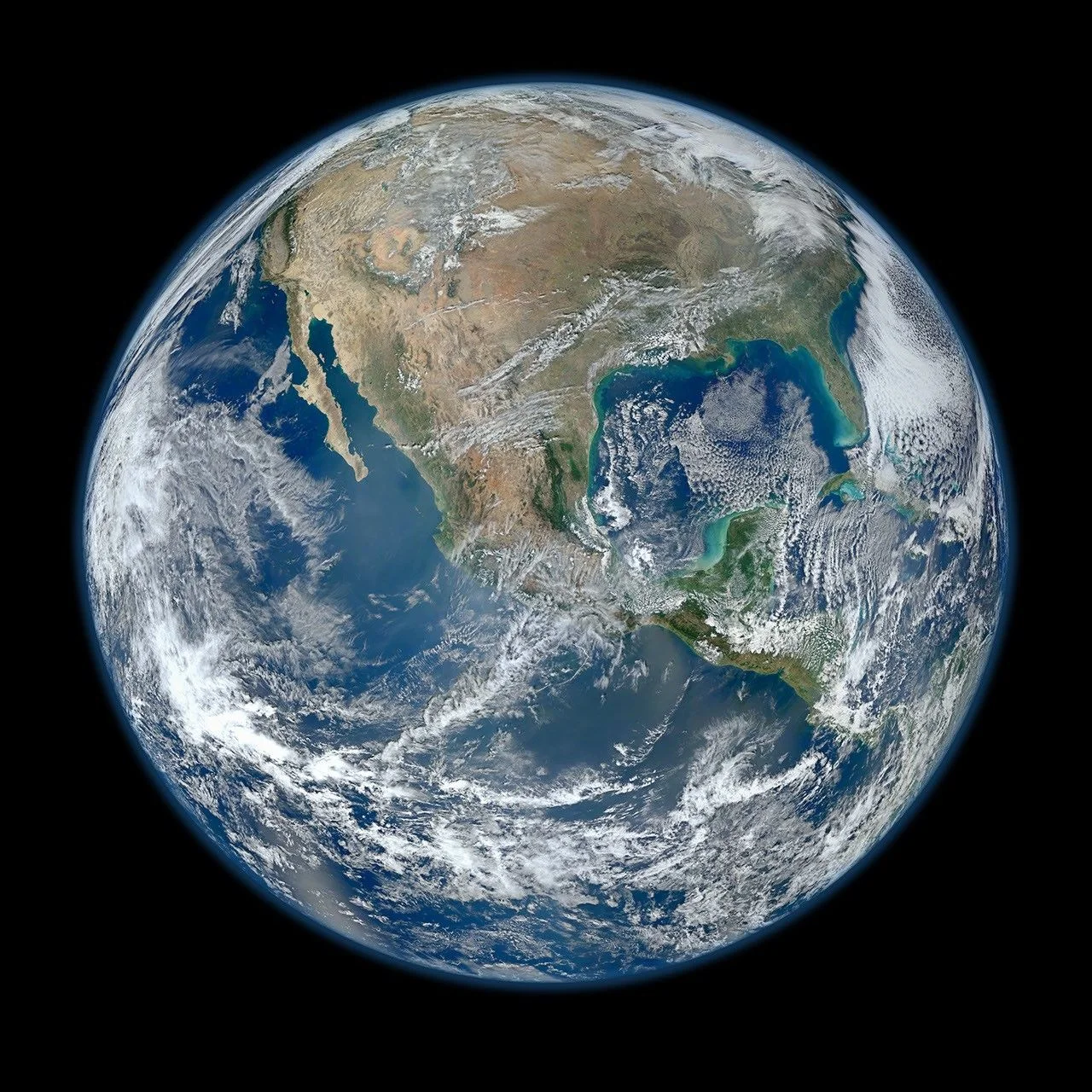 Earth seen from space, with North America and the Pacific Ocean visible